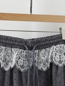 SHEIN Clasi 大码女式蕾丝拼布波尔卡圆点休闲裤 - 灰色 - 查看 7