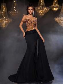 Glamrae 优雅的黑色和卡其色网眼透视露肩奢华装饰美人鱼尾下摆晚礼服 - 黑色 - 查看 7