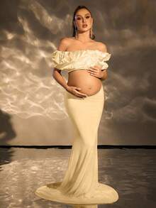 SHEIN 孕妇摄影礼服，适合迎婴派对/优雅派对礼服 - 杏色 - 查看 3