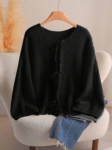 CosyJoli Plus Size Casual Romantic Minimalist Versatile Collegiate Style Bowknot Loose Knit Cardigan Sweater, Yellow, Autumn/Winter