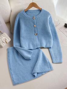 2件套女童毛衣开衫和裙子套装，不对称手工装饰纽扣开衫，度假休闲装，女童罗纹长袖上衣和裙子，欧美新款，秋冬 - 藍色 - 查看 1