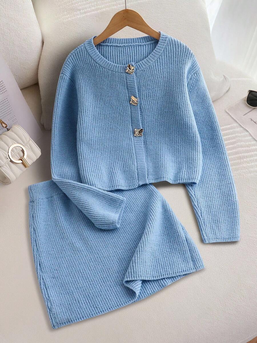2件套女童毛衣开衫和裙子套装，不对称手工装饰纽扣开衫，度假休闲装，女童罗纹长袖上衣和裙子，欧美新款，秋冬 - 藍色 - 查看 1