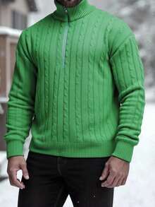 Manfinity Homme 男士休闲纯色拉链半襟粗针织毛衣，秋冬 - 薄荷綠 - 查看 6