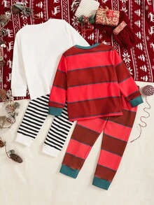 Playful Pals 4pcs/Set Crew Neck Long Sleeve Elastic Waist Pants Two Pieces Set,Red Stripe Santa Claus Pattern,Beige Deer Print,White,Winter,Traditional,Wedding - Multicolor - View 2