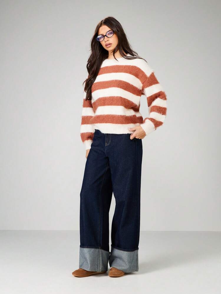 MISSGUIDED ラウンドネックのオーバーサイズストライプニット