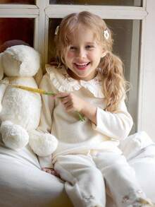 Vintaside Kids 2 pièces/Set Top à manches longues et pantalon avec broderie florale décontractée pour filles, convient pour le printemps, l'automne, l'hiver, la maison, les voyages, le port quotidien - Nude - Voir 10