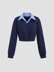 Sweetra Autumn New American Vintage Casual Striped Loose Pullover 2 In 1 Polo Collar Long Sleeve Sweatshirt