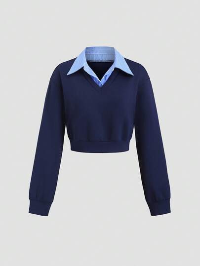 Sweetra Autumn New American Vintage Casual Striped Loose Pullover 2 In 1 Polo Collar Long Sleeve Sweatshirt