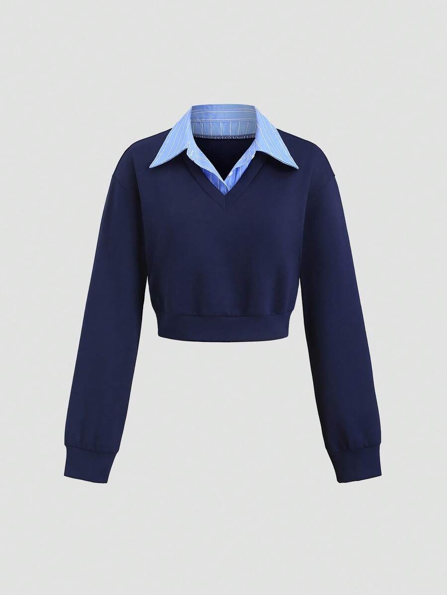 Sweetra Autumn New American Vintage Casual Striped Loose Pullover 2 In 1 Polo Collar Long Sleeve Sweatshirt