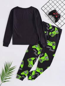 SHEIN 2 piezas Conjunto de pijama informal de manga larga con cuello redondo y estampado gráfico para niños/preadolescentes - Parte superior y Bottom - Negro - Ver 4