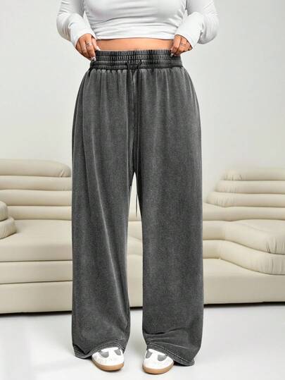 Solflare Pantalones rectos sueltos informales de talla grande para mujer de color negro, con textura de felpa