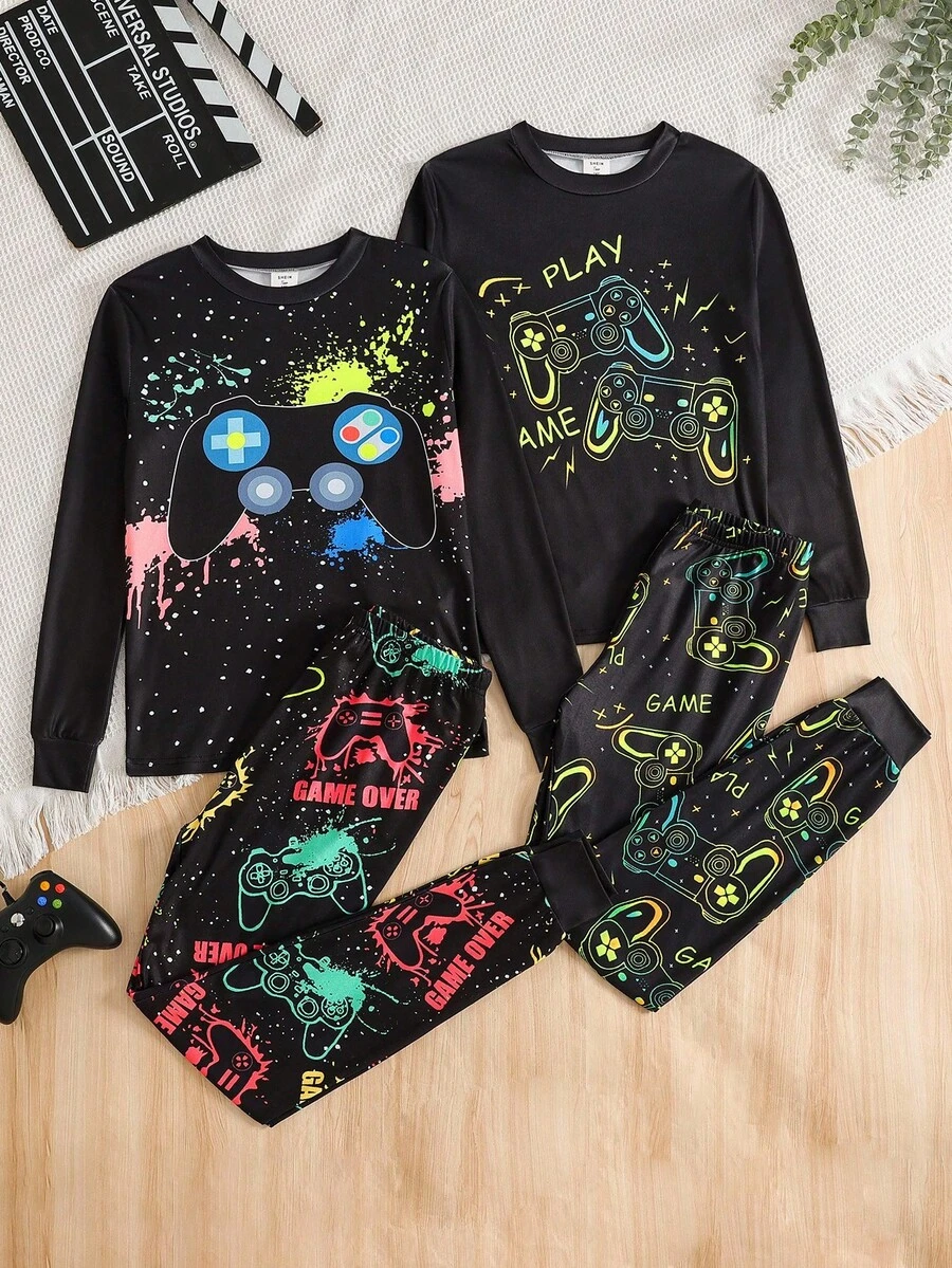 4件套青少年男童黑色简约夜光游戏印花贴身长袖家居服 - 黑色 - 查看 1