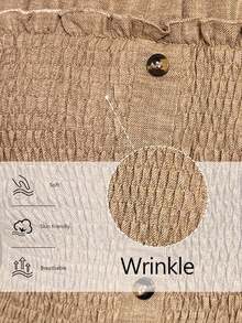 LanaWest Women's Khaki Flowy Fabric Collared Button-Up Shirt With Ruffled Chest Detail, A-Line Loose Hem, Western/Boho Vibe, Suitable For Thanksgiving, Halloween, Streetwear, Essential Autumn Fashion Piece, Long Sleeve Dress - Khaki - View 6