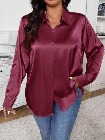 SHEIN Frenchy Casual French Satin Beige Plus Size Cardigan Shirt, Suitable For Office, Commuting, And Everyday Wear