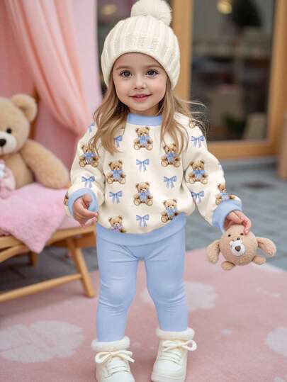SHEIN Happikins Cream White & Cream Blue, Cute Fairy Tale Town Bear & Bow Print, Cozy Season, Christmas Vibes, Baby Girl Casual Comfortable Thick Soft Crew Neck Long Sleeve Sweatshirt And Leggings, Suitable For Autumn & Winter, Autumn & Winter Outfits For Outing, Easy Comfort, Autumn & Winter Layers For Baby & Girls, Stylish Girls, Casual Wear, Baby Girl Graphic Clothes, Fall & Winter Clothes, Chic Autumn, Fall New Style