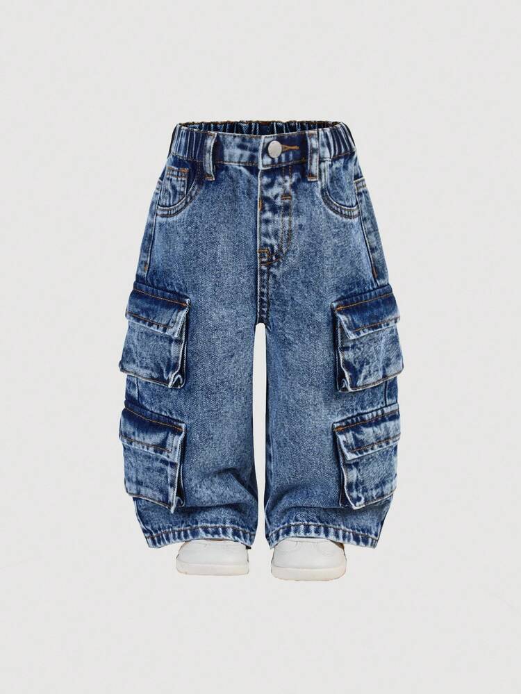 Baby Girl Grey Utility Wide Leg Denim Pants,Cool, Thanksgiving,Fall And Winter - Dark Wash - View 1