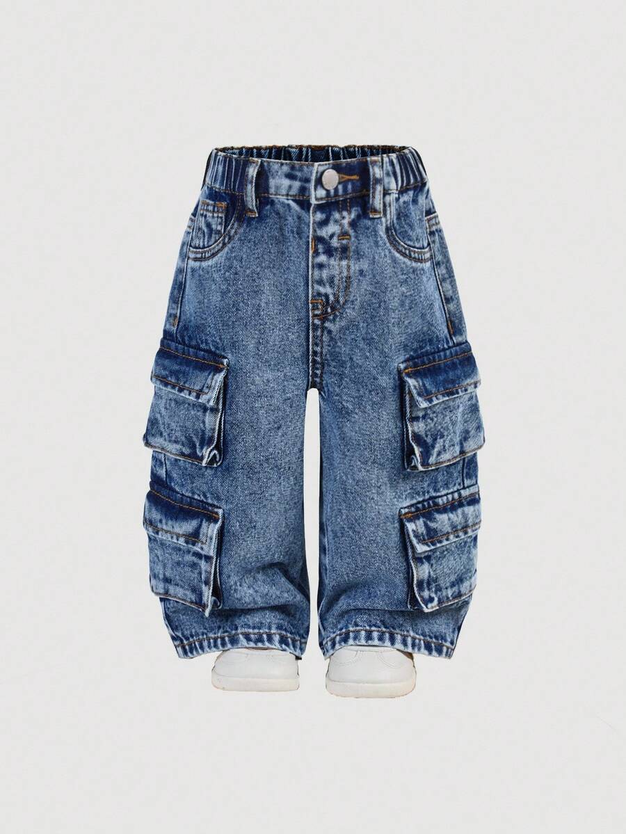 SHEIN 女婴灰色工装阔腿牛仔裤，清爽百搭，适合感恩节、秋冬季穿着 - 深色水洗藍 - 查看 1