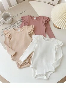 女嬰 3 件組可愛米色秋季羅紋長袖套裝，新生兒幼兒時尚荷葉袖純色針織親子冬季款 - 彩色 - 查看 8