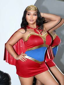 3pcs Halloween Superhero Colorblock PU Patchwork Dress + Shawl + Headpiece, Plus Size Cosplay Costume - Multicolor - View 5