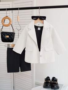 SHEIN 女宝宝三件套：玫瑰粉色长袖翻领休闲西装外套、黑色马甲和黑色修身短裤，优雅时尚，适合日常穿着、拍照和旅行，春秋季款。 - 白色 - 查看 5