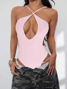 Flirla Petite Bộ đồ liền thân hở vai chéo dành cho kỳ nghỉ hè trên bãi biển dành cho nữ - Hồng - Xem 4