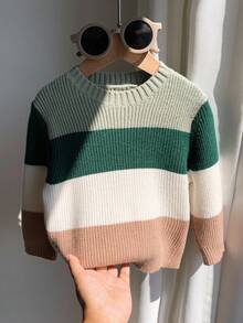 SHEIN Suéter de bloques de color verde y caqui para bebé niño/niña, suéter unisex lindo para niños, ropa de invierno para bebé, mi primera Navidad - Multicolor - Ver 3