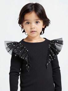 Maija Kids Maija Kids Young Girl Round Neck Contrast Mesh Ruffle Trim Long Sleeve Sequin Top Rhinestone Collar Black T-Shirt Kids Autumn Fall Winter Clothing - Black - View 3