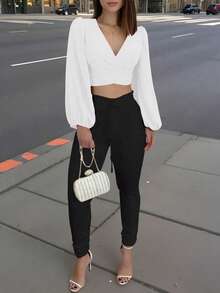 SHEIN Clasi Women's Minimalist Solid Color Lantern Sleeve Tie-Front Crop Blouse Fall Cloth For Women