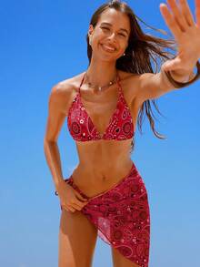 Swim Vcay 2025 Printed Random 3 PiecesTankini Swimsuit Set - Red - View 1