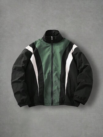 Manfinity EMRG Chaqueta casual de manga larga con cuello alto y cremallera de color contrastante para hombre, otoño