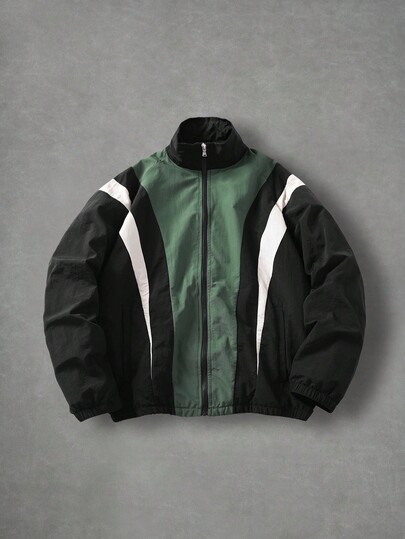 Manfinity EMRG Men Contrast Color Zipper High Collar Casual Long Sleeve Jacket, Fall