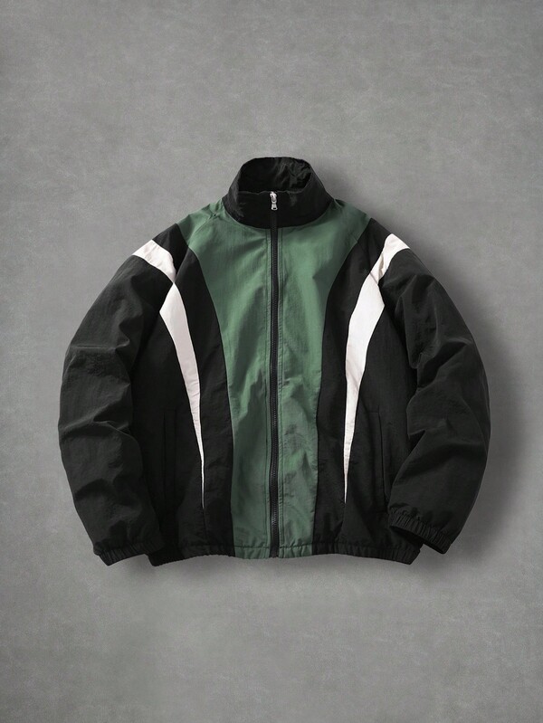 Manfinity EMRG Chaqueta casual de manga larga con cuello alto y cremallera de color contrastante para hombre, otoño