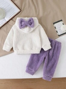 SHEIN 婴幼儿女童休闲简约草莓刺绣蝴蝶结蓬松连帽卫衣和粉色蓬松面料裤子，适合秋冬季日常外出穿着 - 紫色 - 查看 2