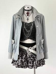 Sunspun Plus Size Floral & Ribbed Patchwork Stand Collar Zip-Up Decorated Button Pocket Long Sleeve Cinched Waist Jacket - Grey - View 6