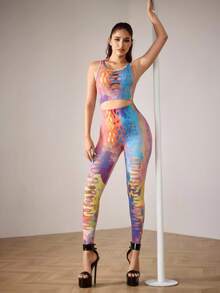 Menodora SHEIN Sport Damski, swobodny, seksowny, kolorowy, nadrukowany zestaw do tańca: top i legginsy