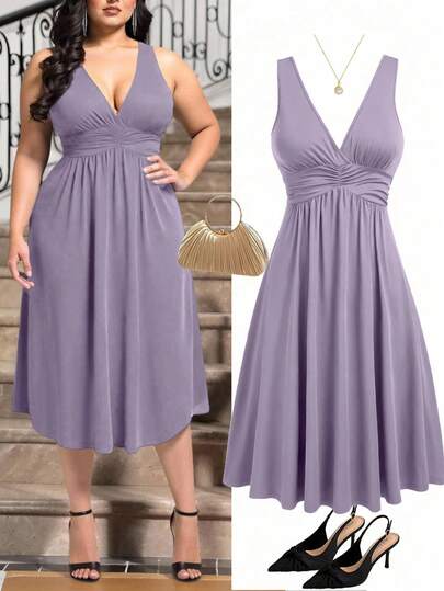 Rometta ชุดเดรสถักพลีทเอวคอวีสีดำไซส์ใหญ่