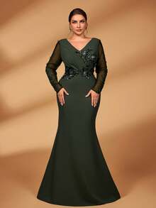 Serin 加大码优雅奢华绿色蕾丝串珠贴花透明长袖褶饰美人鱼下摆弹力针织连衣裙，适合婚礼、派对、度假、舞会、晚礼服、新娘母亲