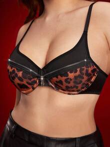 EmpressEnvy Y2K Style Underwire Padded Bra, Lift & Enhance, Zipper, Contrast Color, High Support, Shiny, Leopard Print, Wild Charm Women's Lingerie Bra - Mocha Brown - View 4