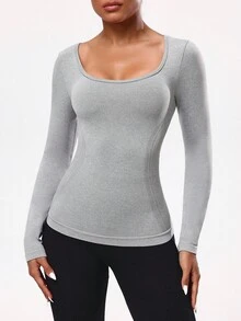 Seamluxe SHEIN Sport Damen Einfarbiges minimalistisches Kreuz-Langarm Lässig Sport T-Shirt