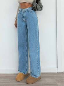 SHEIN Tall Quần jean ống đứng thoải mái, thoáng khí, có khóa cài, tiện dụng cho nữ, đi làm hàng ngày - Rửa trung bình - Xem 1
