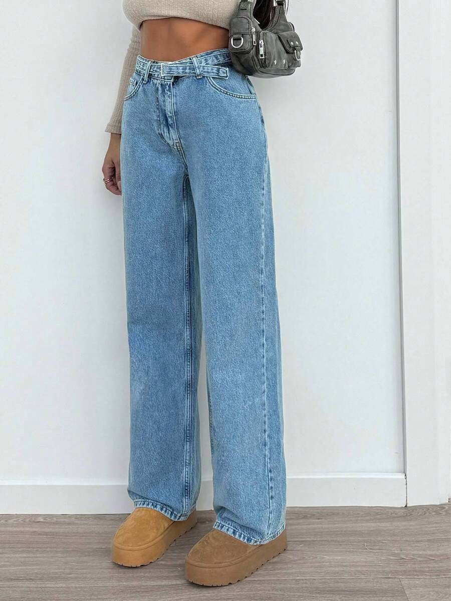 SHEIN Tall Quần jean ống đứng thoải mái, thoáng khí, có khóa cài, tiện dụng cho nữ, đi làm hàng ngày - Rửa trung bình - Xem 1
