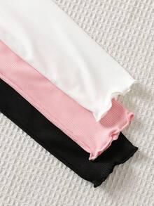 SHEIN 3pcs Tween Girls' Casual All-Match Solid Color Ribbed Lettuce Trim Mock Neck Tee - Pink - View 3