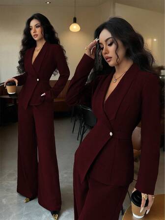 Elenzga Women's Elegant Lapel V-Neck Long Sleeve Unique Design Waist Belt Buttoned High-End Blazer Jacket And Straight Wide-Leg Pants Two Pieces Suit, Suitable For Work Commute In Autumn