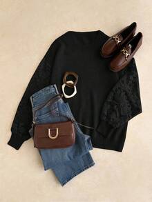 Elaquor Plus Size Casual Elegant Versatile Mesh Patchwork Pullover Sweater, Autumn/Winter - Black - View 3