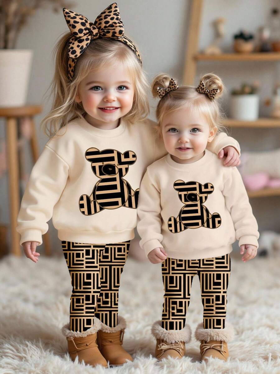 2 件套幼儿女童休闲时尚卡通熊格子图案印花圆领运动衫和紧身裤套装，适合秋季 - 彩色 - 查看 1