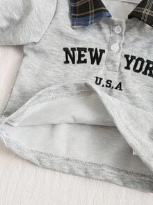 SHEIN 女婴四季字母印花 Polo 领长袖运动衫和格子裙套装，修身休闲运动服 - 灰色 - 查看 7