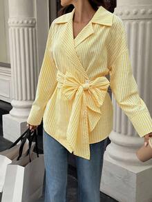 SHEIN LUNE Chemisier rayé à manches longues et ourlet asymétrique pour femme, col à revers à la mode - Jaune citron - Voir 3