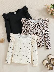 SHEIN 3 件套年轻女孩秋冬可爱百搭针织弹力喇叭袖长袖上衣套装，豹纹、波尔卡圆点、黑色罗纹圆领套头 T 恤 - 彩色 - 查看 3