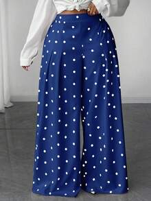 Maweii Plus Size Women High Waist Polka Dot Print Pleated Wide Leg Loose Pants