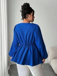 Elenzga Plus Size Elegant Cinched Waist Solid Color Cross-Wrap Long Sleeve Flared Shirt - Blue - View 2